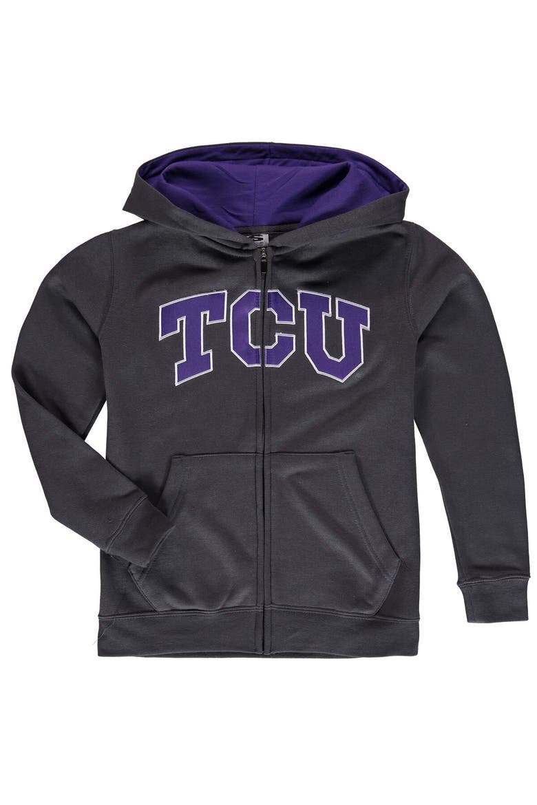 Youth Charcoal TCU Horned Frogs Applique Arch & Logo Full-Zip Hoodie, Main, color, Charcoal