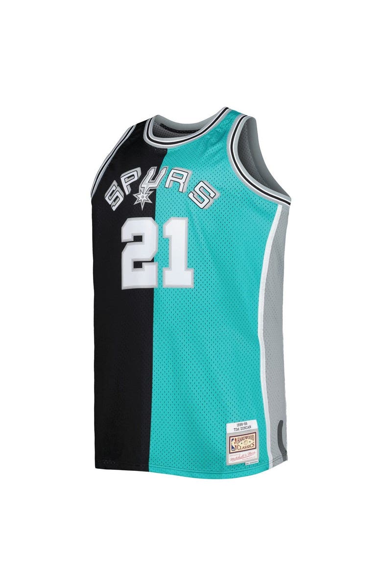 Mitchell & Ness Men's Mitchell & Ness Tim Duncan Black/Teal San Antonio Spurs Big & Tall Hardwood Classics 1998/99 Split Swingman Jersey, Alternate, color, Black