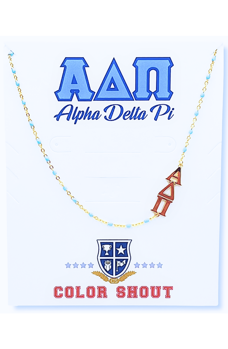 Color Shout Alpha Delta Pi Greek Letter Side Set Necklace, Main, color, Yellow Gold