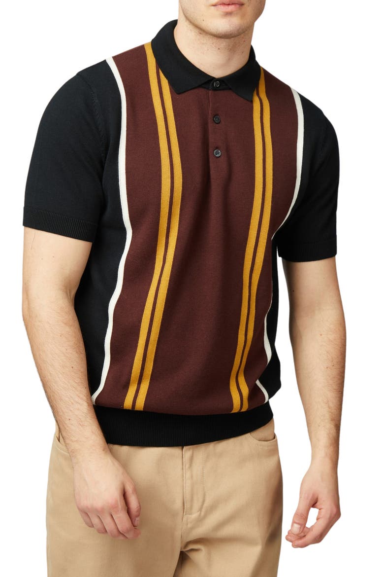 Vertical Stripe Organic Cotton Polo Sweater, Main, color, BLACK