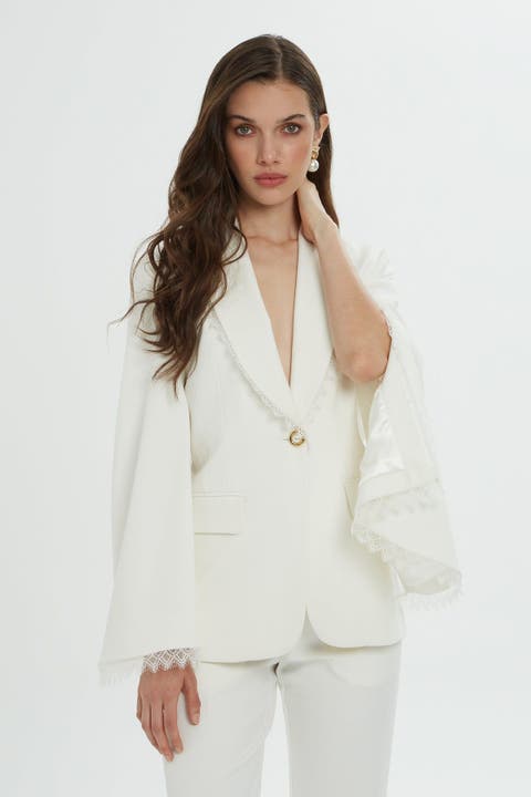 Lace Detail Sleeves and Collar Cream Blazer and Pants Suit