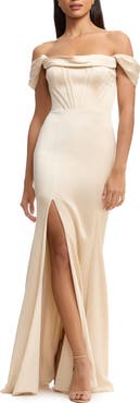 Dress the Population Melania Off the Shoulder Satin Gown