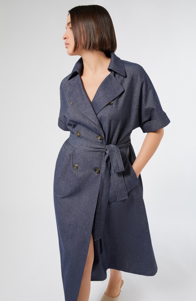 Marina Rinaldi Favilla Double Breasted Cotton & Linen Shirtdress, Alternate, color, Blue Jeans