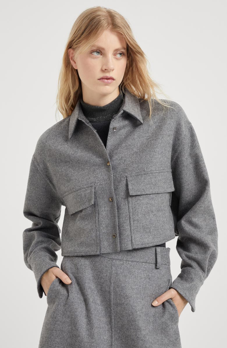 Brunello Cucinelli Virgin wool double cloth cropped shirt-style outerwear jacket with shiny tab, Alternate, color, 