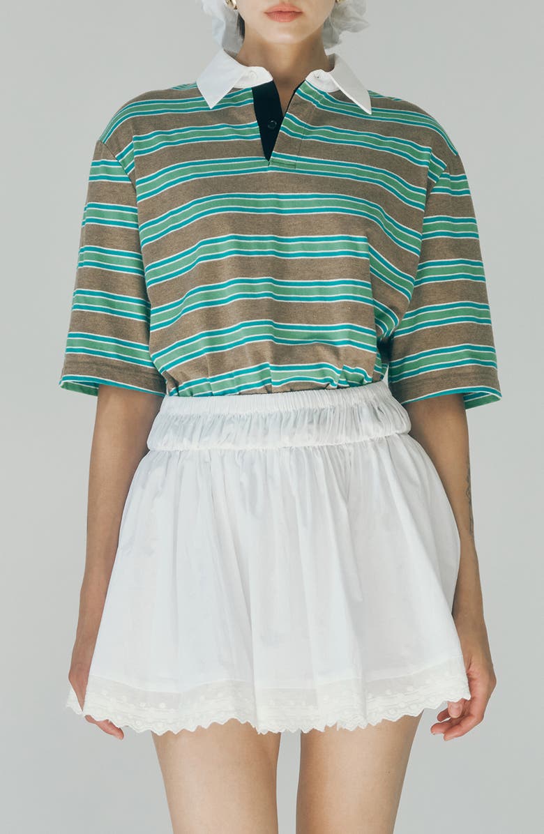 MAUDE CLUB Frankie Stripe Stretch Cotton Polo, Main, color, Aqua Camel Stripe