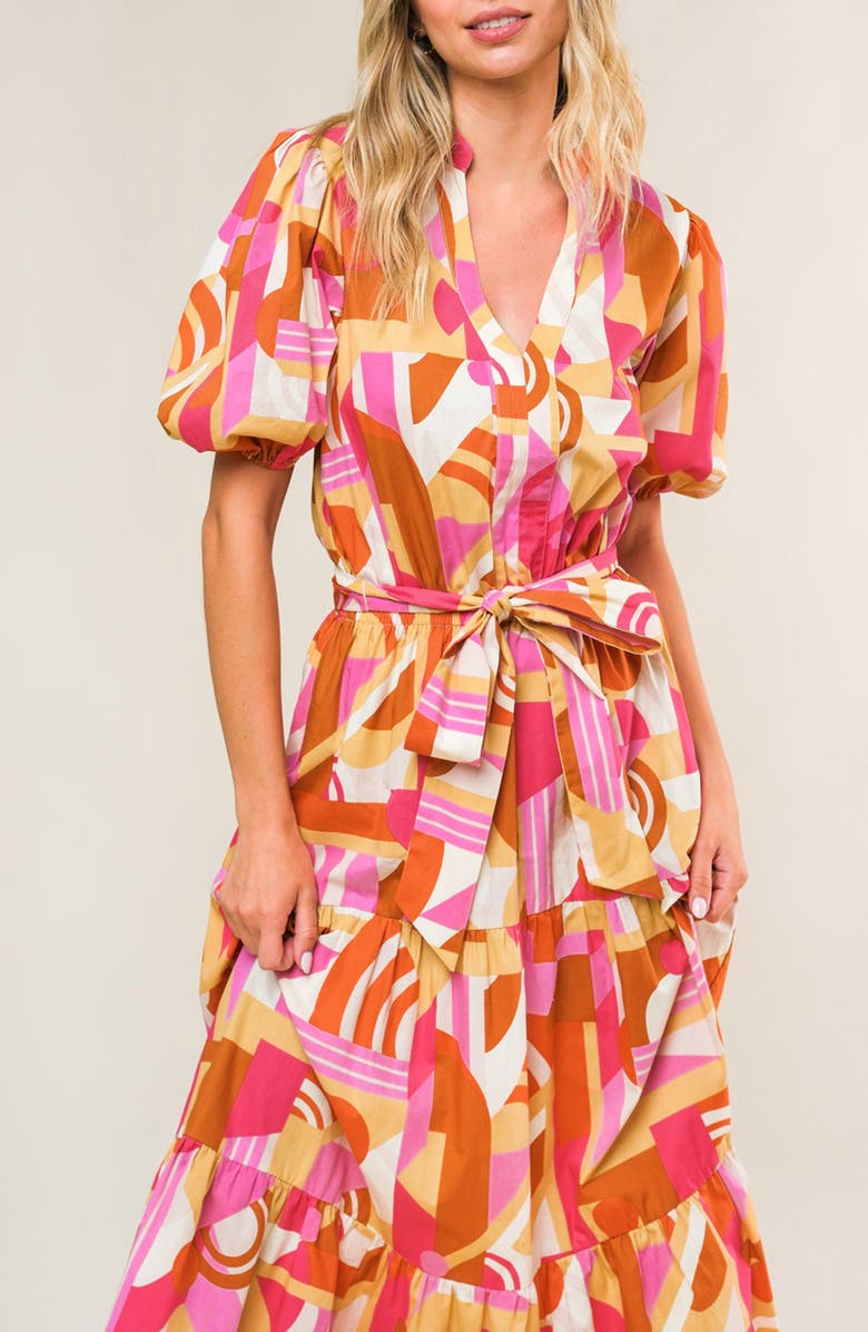 FLYING TOMATO Puff Sleeve Tiered Cotton Maxi Dress, Alternate, color, Camel Pink