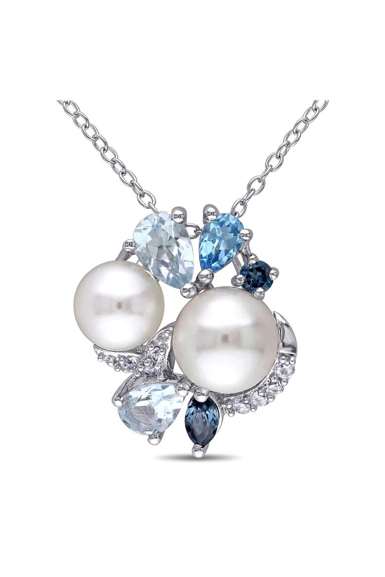 Created White Sapphire, Blue Topaz & 7.5-8mm Cultured Pearl Earrings & Necklace Set, Alternate, color, BLUE