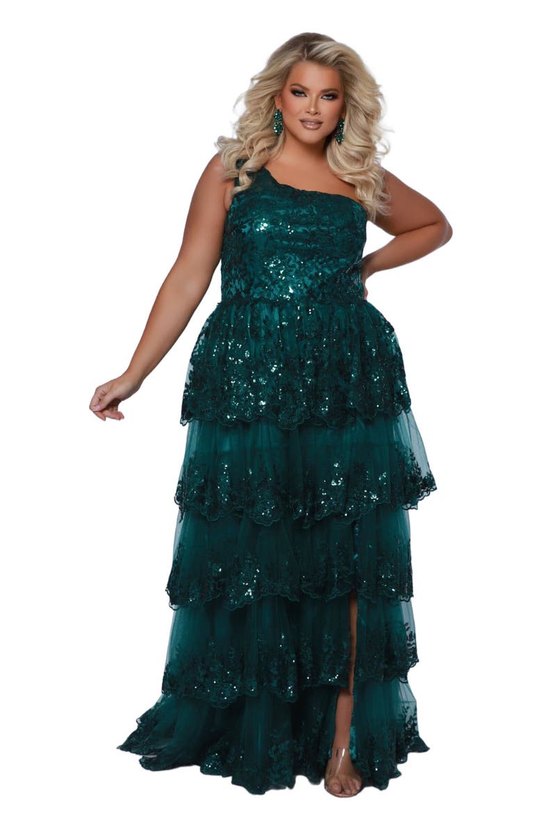 Sydney's Closet One-Shoulder Tiered Plus Size A-Line Gown, Main, color, Forest