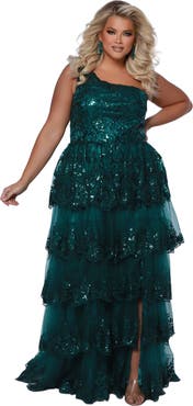 Sydney's Closet One-Shoulder Tiered Plus Size A-Line Gown