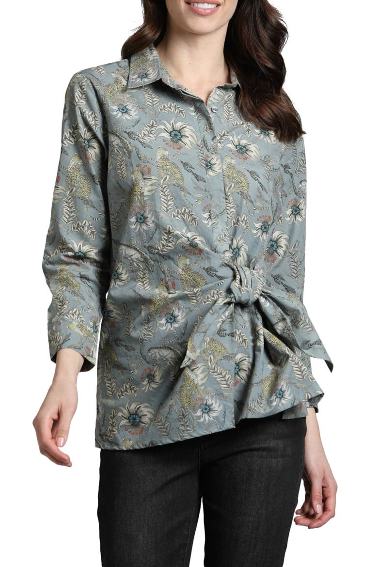 Mixed Print Side Tie Cotton Button-Up Shirt, Main, color, GREY MULTI