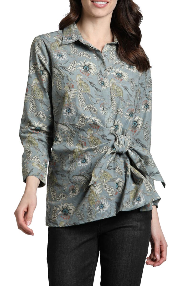 APNY Mixed Print Side Tie Cotton Button-Up Shirt, Main, color, Grey Multi