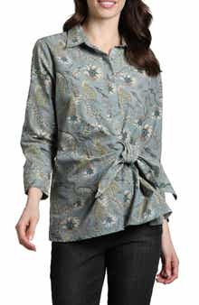 Mixed Print Side Tie Cotton Button-Up Shirt