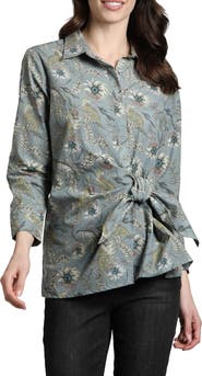 APNY Mixed Print Side Tie Cotton Button-Up Shirt
