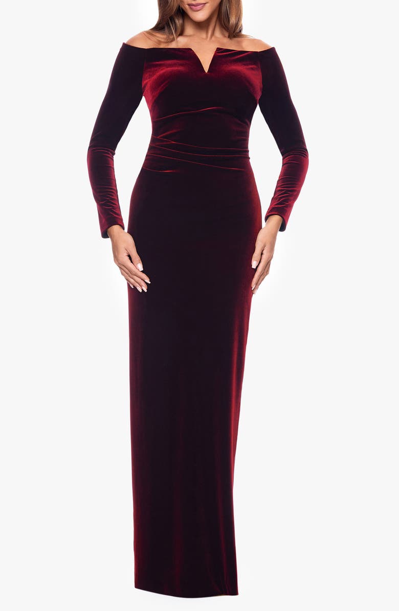 Xscape Evenings Off the Shoulder Long Sleeve Velvet Gown, Main, color, Burgundy