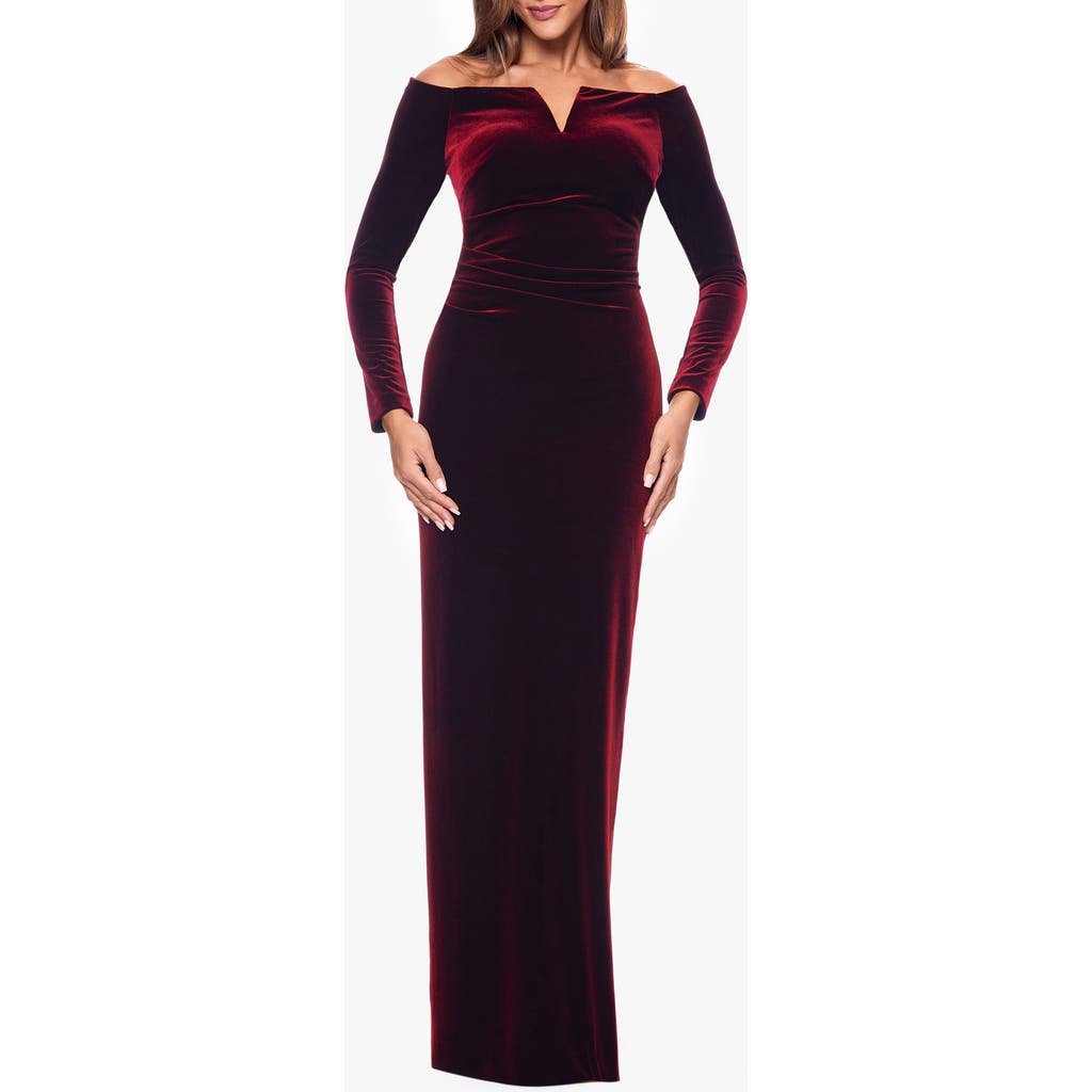 Xscape Evenings Off The Shoulder Long Sleeve Velvet Gown In Black
