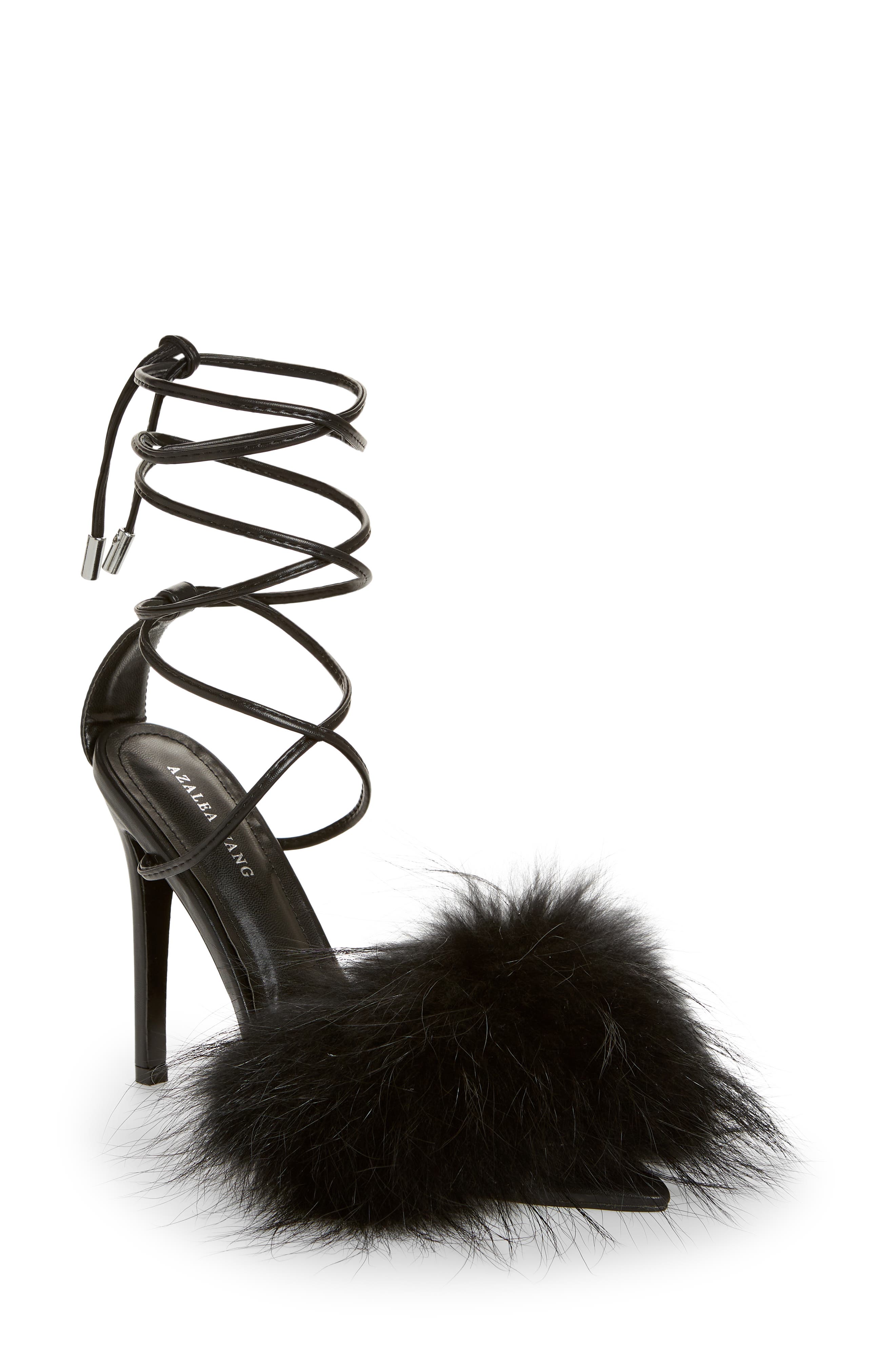 AZALEA WANG Bunny Faux Feather Ankle Wrap Sandal, Main, color, 