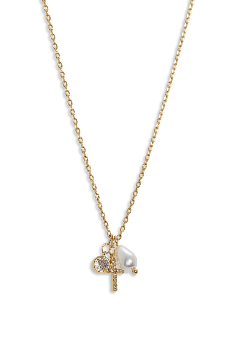 Cubic Zirconia Cross & Faux Pearl Charm Pendant Necklace, Alternate, color, CLEAR- WHITE- GOLD
