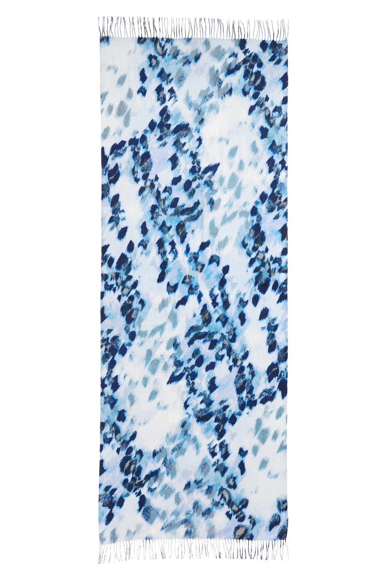 Tissue Print Wool & Cashmere Wrap Scarf, Alternate, color, BLUE FEATHERED CAT