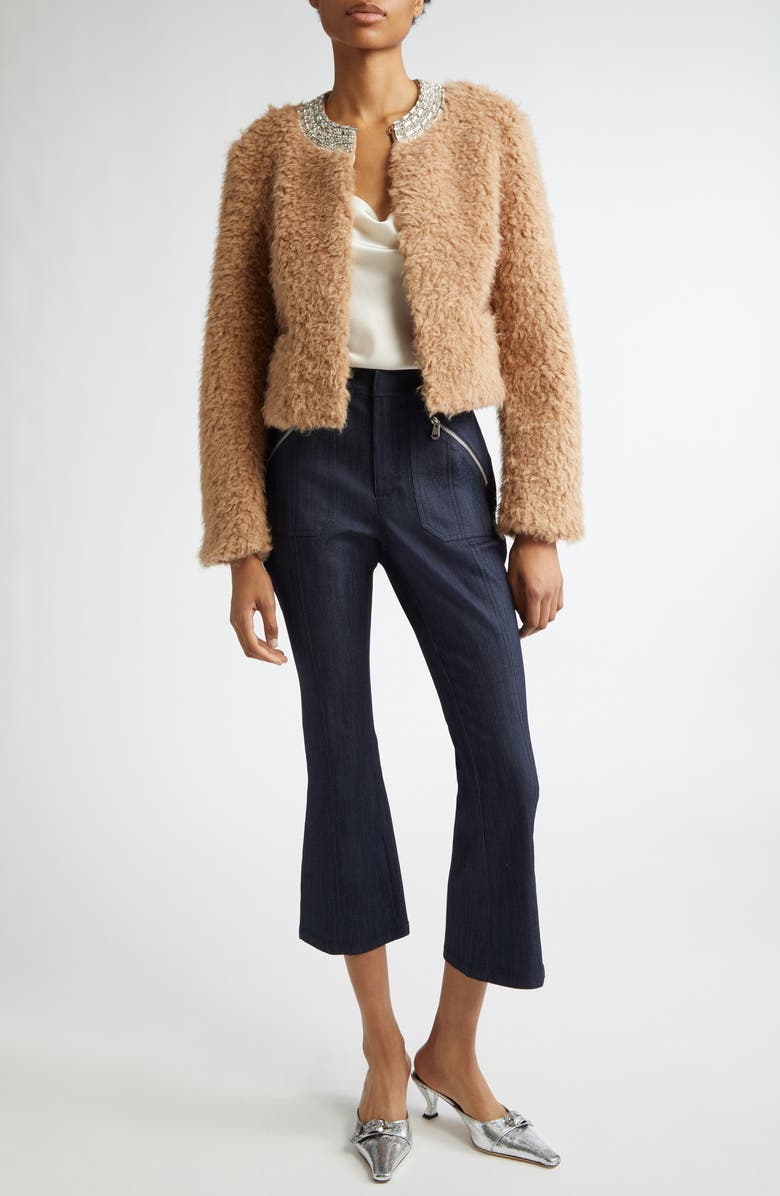 Cinq à Sept Christie Embellished Faux Shearling Jacket, Alternate, color, Camel