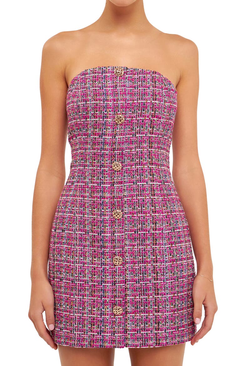 Strapless Tweed Minidress, Alternate, color, GRAPE