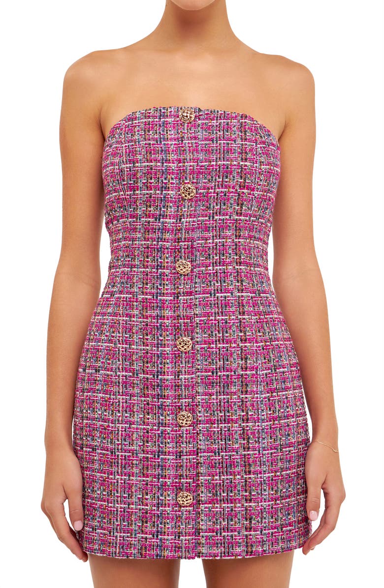 Endless Rose Strapless Tweed Minidress, Alternate, color,