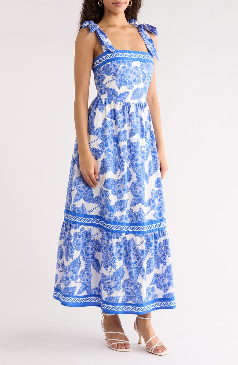 SUGARLIPS Rency Floral Tiered Cotton Maxi Sundress, Alternate, color, White-Blue