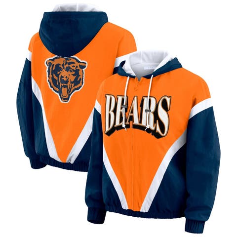 Women's WEAR by Erin Andrews Orange/Navy Chicago Bears Retro Crinkle Full-Zip Hoodie Windbreaker