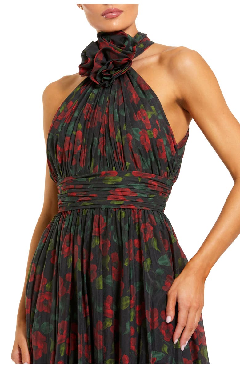 Mac Duggal Black Floral Chiffon 3D Flower High Neck Evening Gown, Alternate, color, Black Multi