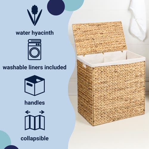 Happimess Sawyer Classic Farmhouse Handwoven Hyacinth 2-section Collapsible Laundry Hamper With Wash In Natural
