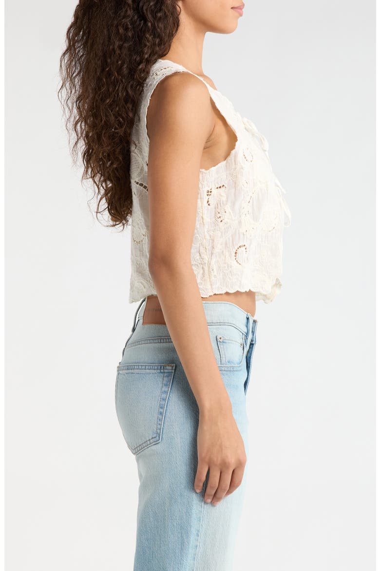 Lacey Flyaway Embroidered Cotton Tie Front Top, Alternate, color, CREAM