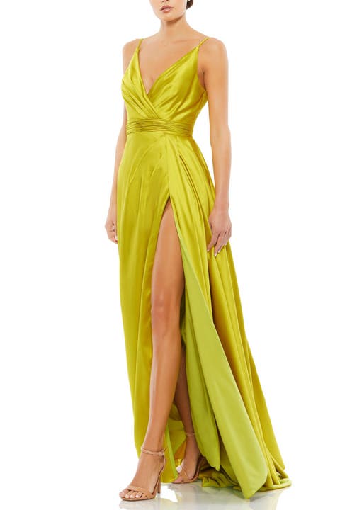 Sleeveless Faux Wrap Draped Gown