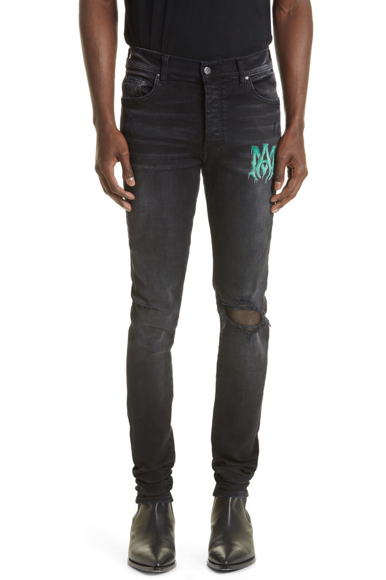 Men's Watercolor Logo Ripped Skinny Jeans, Main, color, AGED BLACK