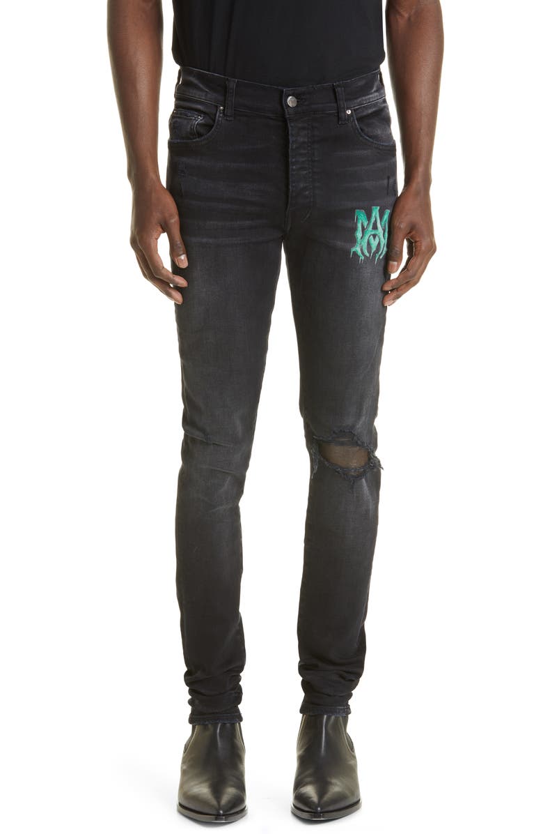 AMIRI Men's Watercolor Logo Ripped Skinny Jeans, Main, color,