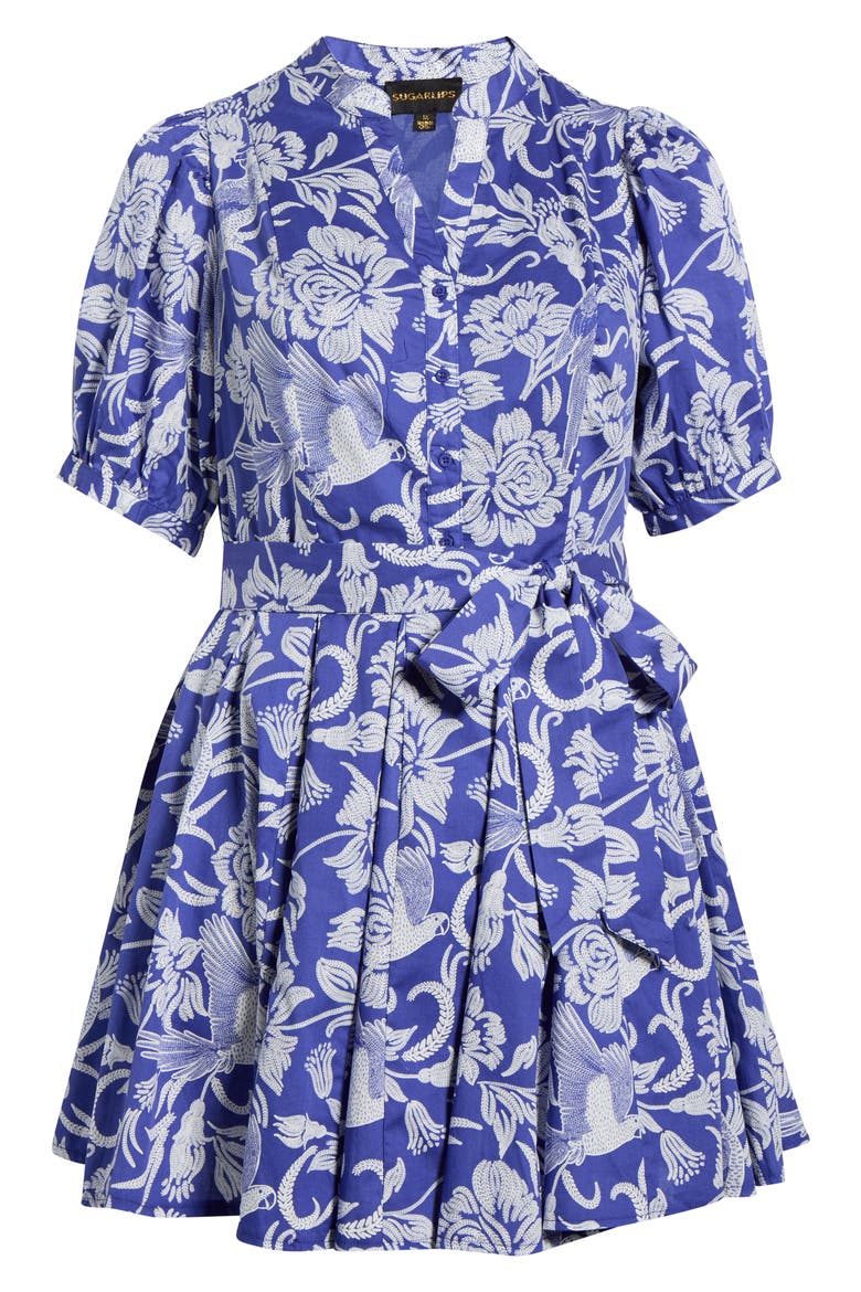 Floral Puff Sleeve Pleated Cotton Shirtdress, Alternate, color, NAVY-WHITE