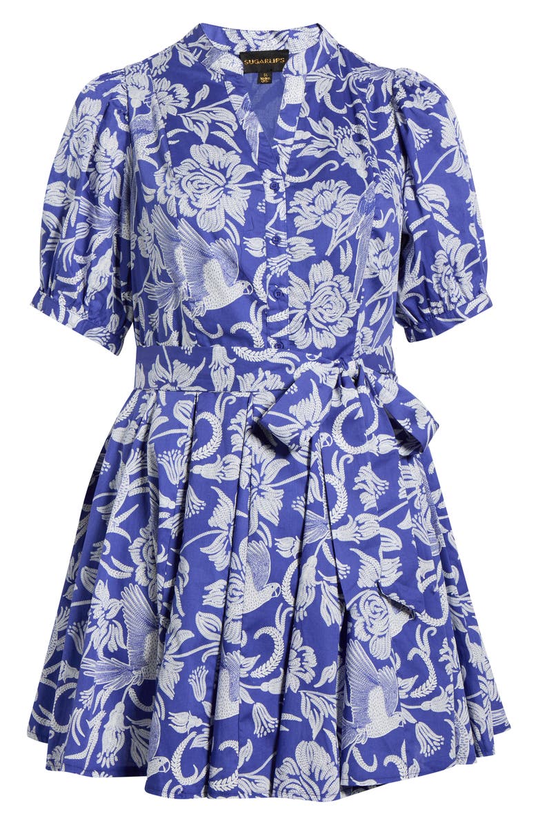 SUGARLIPS Floral Puff Sleeve Pleated Cotton Shirtdress, Main, color, Navy-White