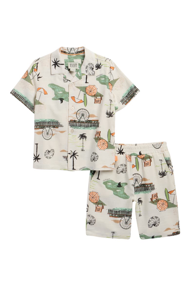 Kids' Printed Button-Up Shirt & Shorts Set, Main, color, EGGNOG