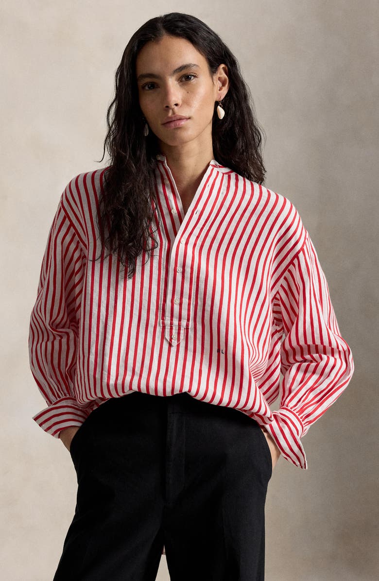 Polo Ralph Lauren Stripe Linen & Cotton Button-Up Shirt, Alternate, color, White-Red