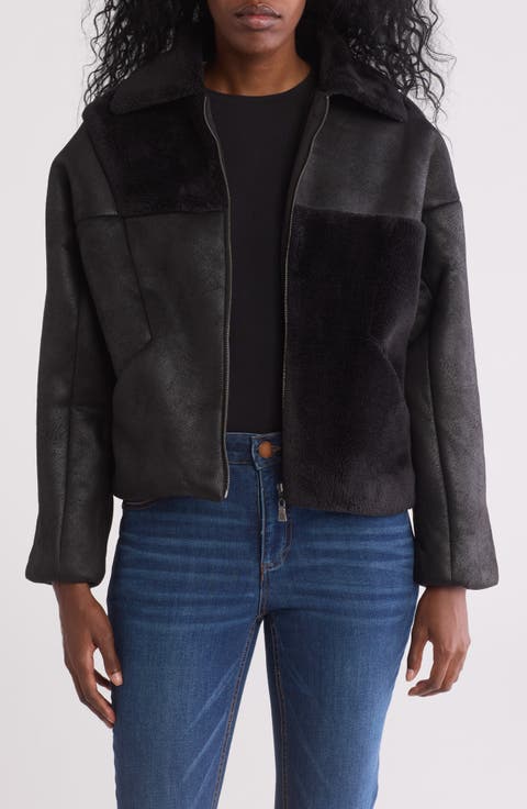 Faux Shearling Patch Faux Leather Jacket