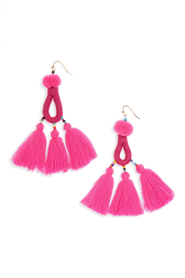 Pompom Tassel Drop Earrings, Main, color, FUCHSIA