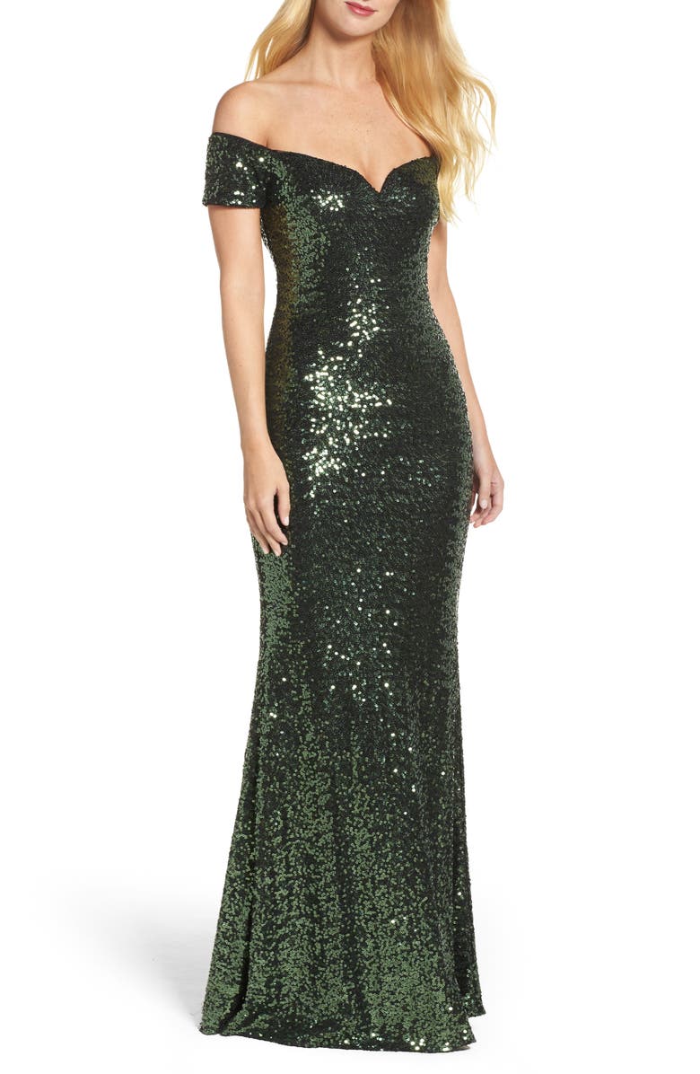 Badgley Mischka Collection Badgley Mischka Off the Shoulder Sequin Gown, Main, color, 