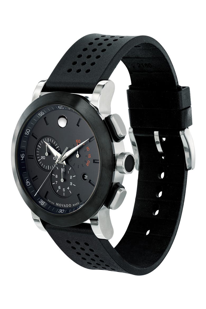 'Museum' Chronograph Rubber Strap Watch, 44mm, Alternate, color, BLACK