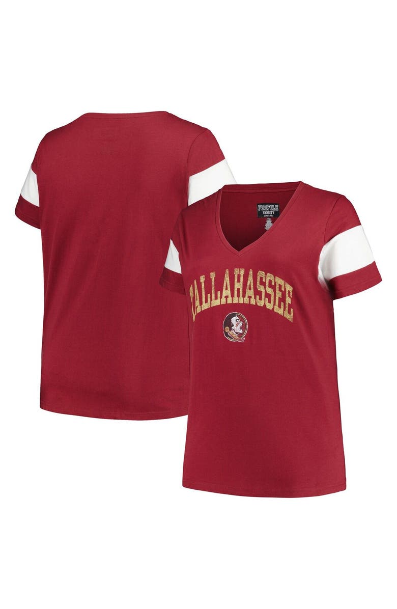 PROFILE Women's Profile Heather Garnet Florida State Seminoles Plus Size Arched City Sleeve Stripe V-Neck T-Shirt, Main, color,