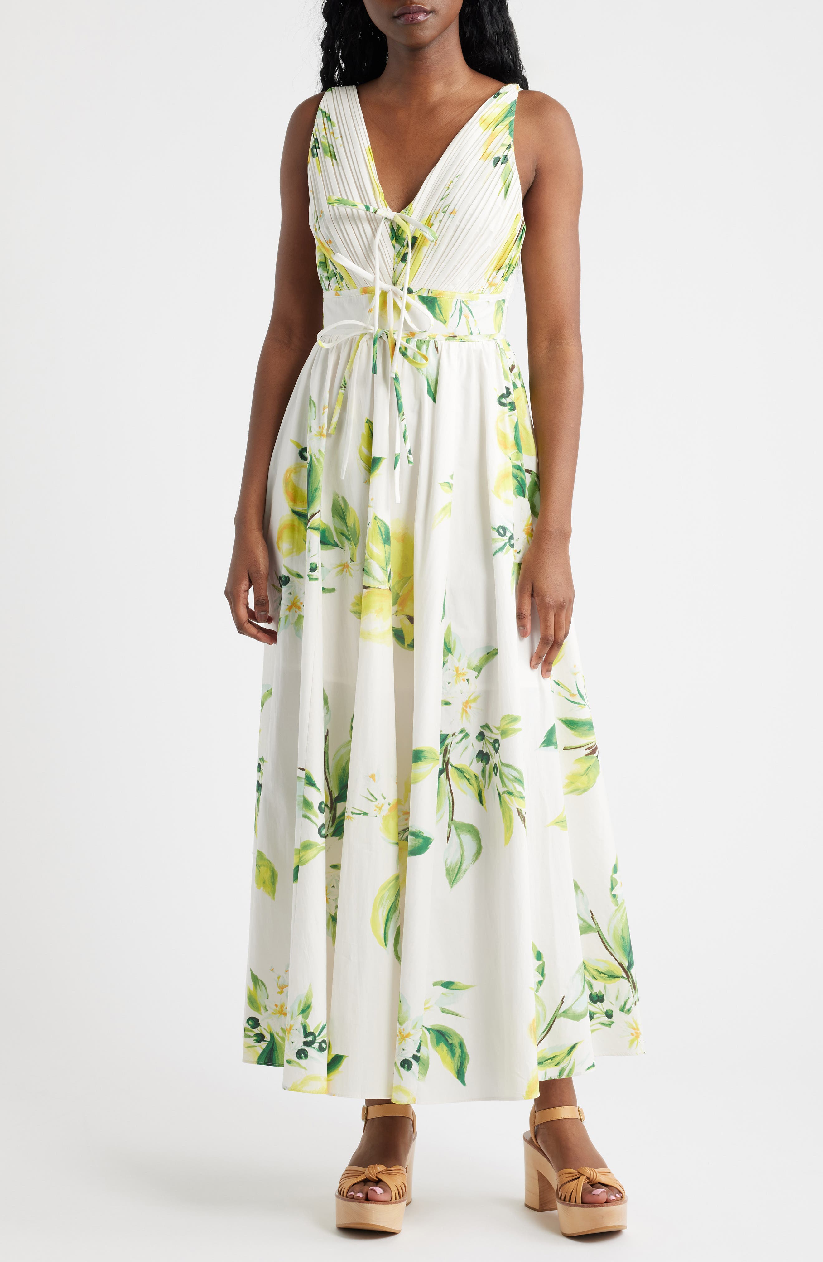 Plisse Tie Front Cotton Maxi Dress