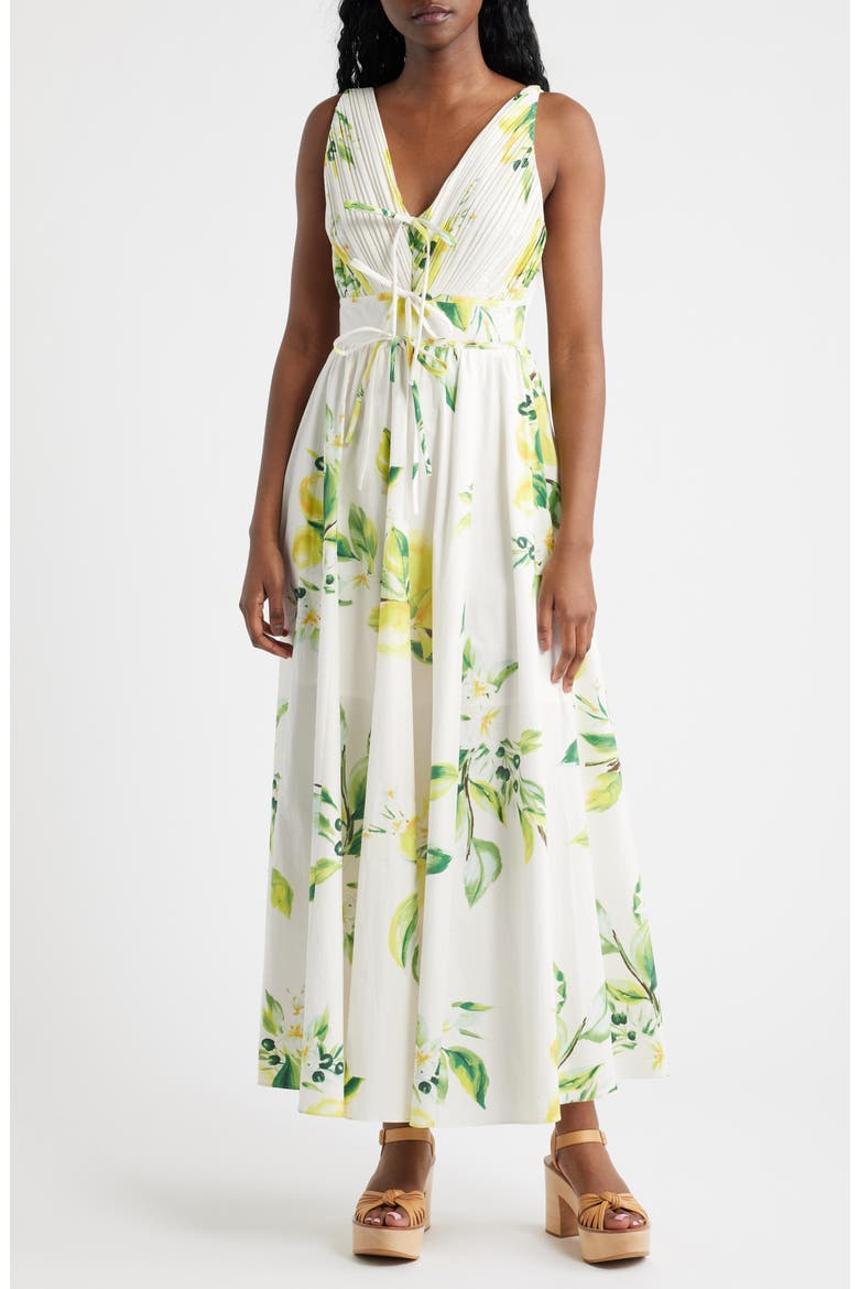Plissé Tie Front Cotton Maxi Dress, Main, color, WHITE MULTI