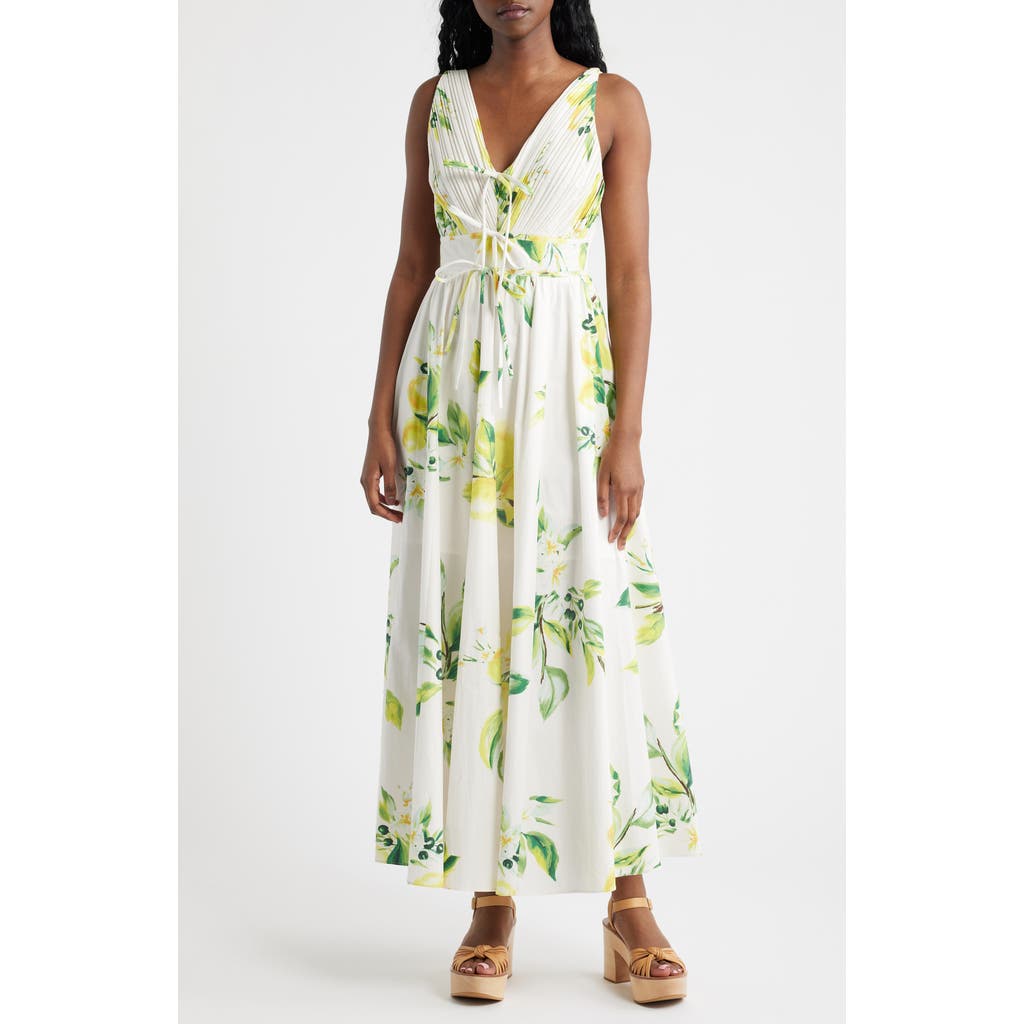 MOON RIVER Plissé Tie Front Cotton Maxi Dress in White Multi at Nordstrom, Size Small