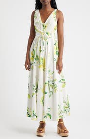 MOON RIVER Plissé Tie Front Cotton Maxi Dress