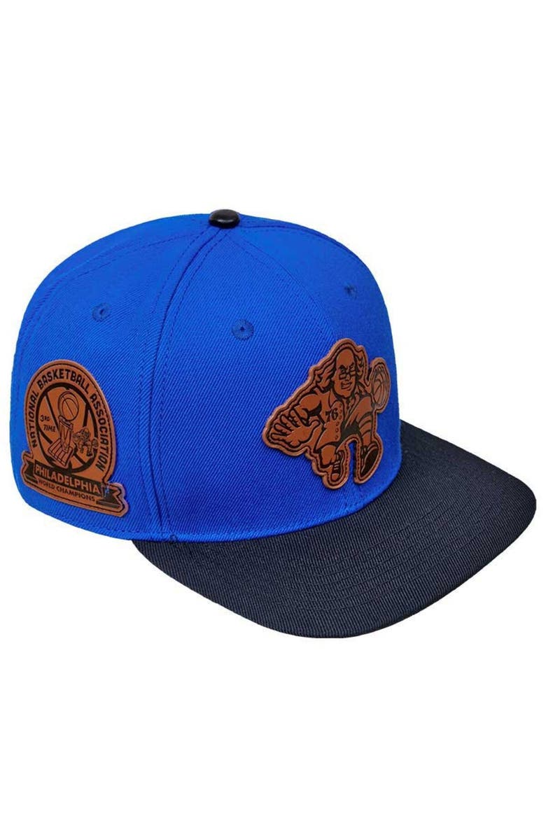PRO STANDARD Men's Pro Standard  Royal/Black Philadelphia 76ers Heritage Leather Patch Snapback Hat, Main, color, 
