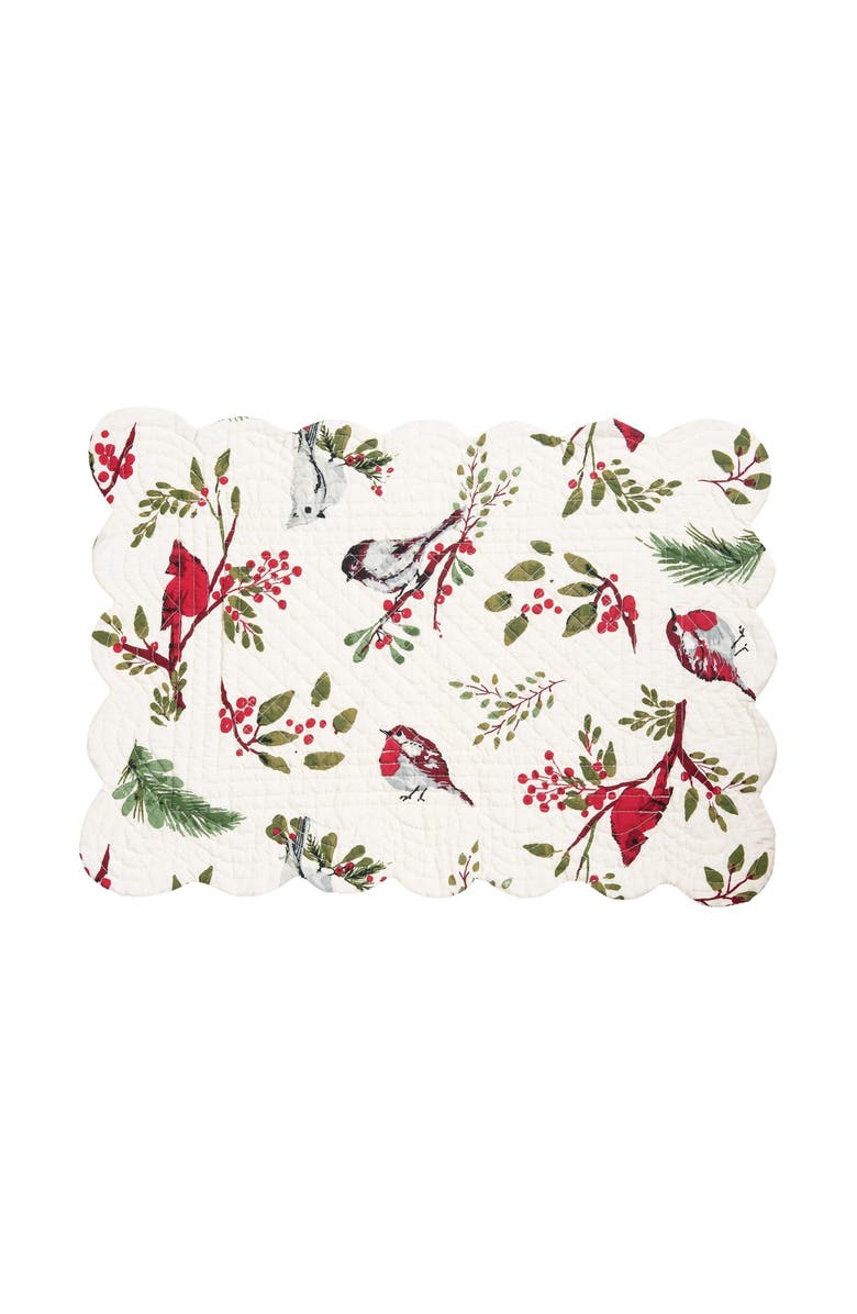 C&F Home Christmas Sprig Cardinal & Chickadee Birds Cotton Quilted Placemats, Set of 6, 13" x 19", Alternate, color, White