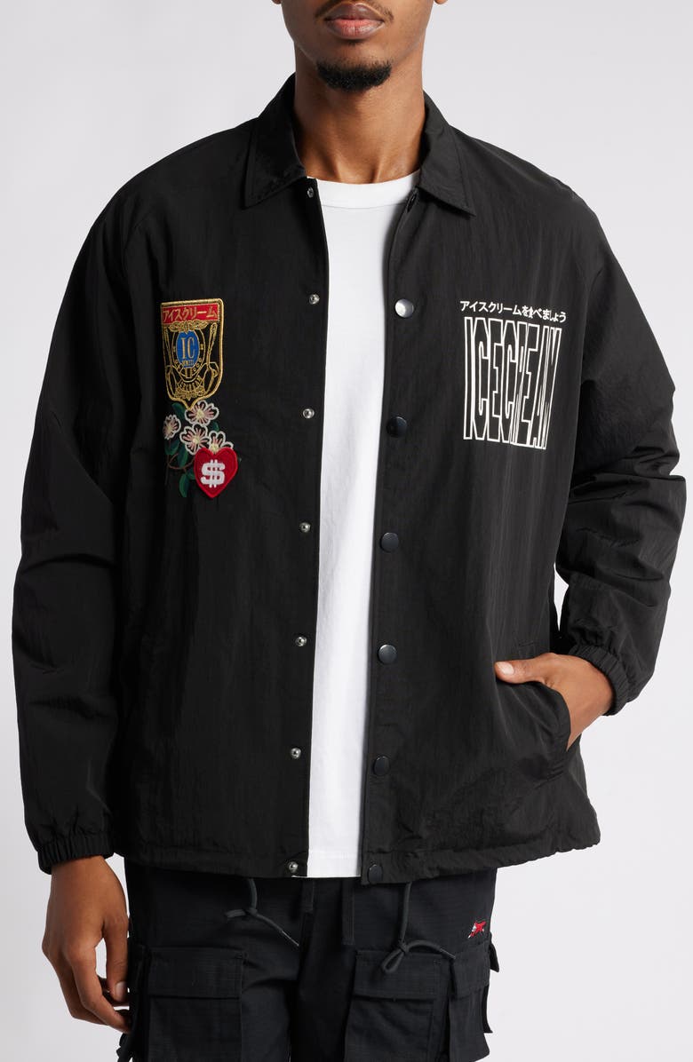 ICECREAM Flourish Nylon Coach's Jacket, Main, color, Black
