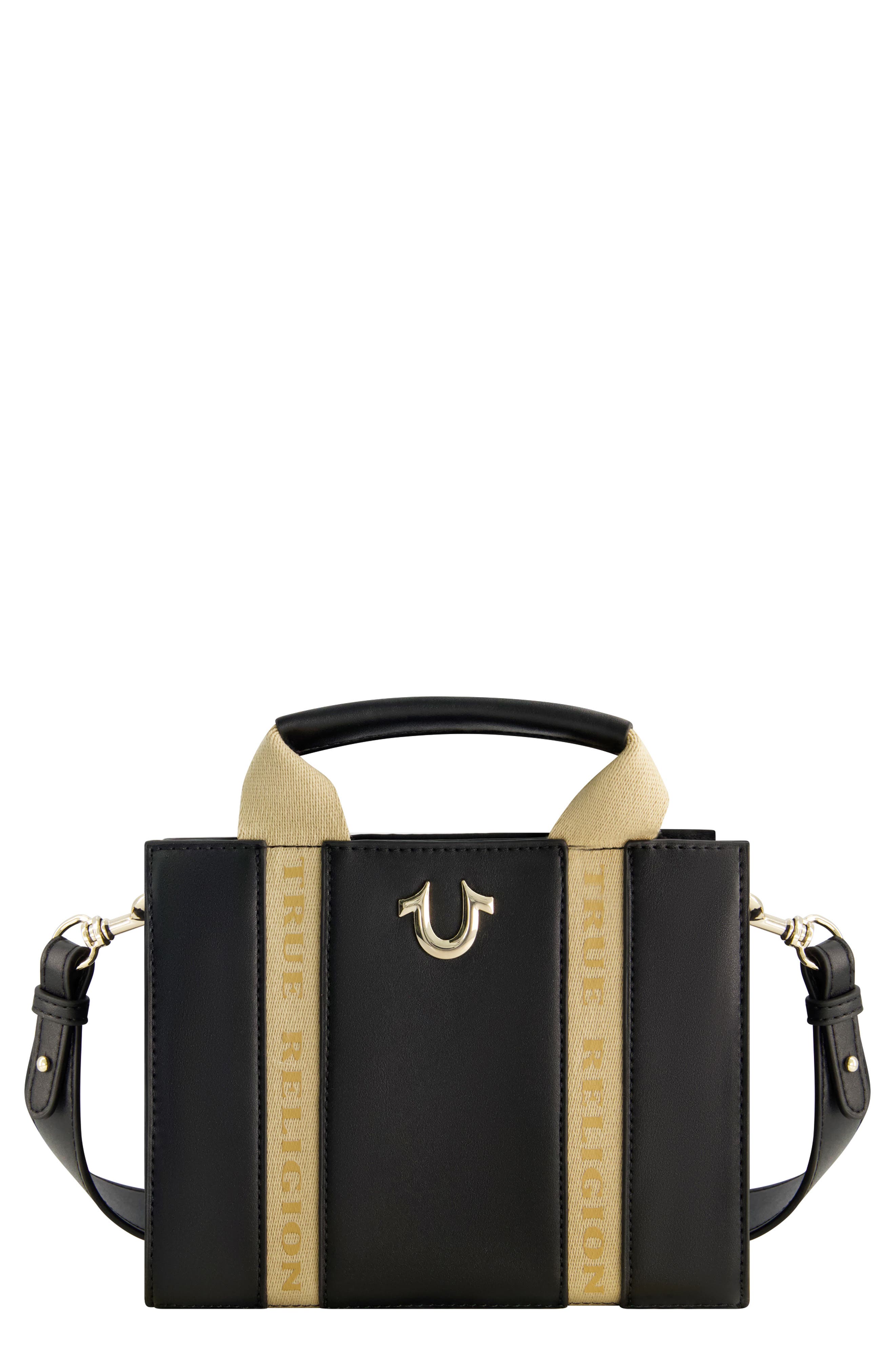 Licensed Faux Leather Mini Tote Bag with Branded Straps, Main, color, BLACK